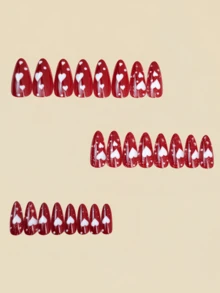 Bộ móng tay nghệ thuật ngày Valentine hình trái tim dễ thương, 24 móng giả, móng dán, móng giả phong cách Y2K, móng đỏ, dụng cụ làm móng. - Đỏ - Xem 2