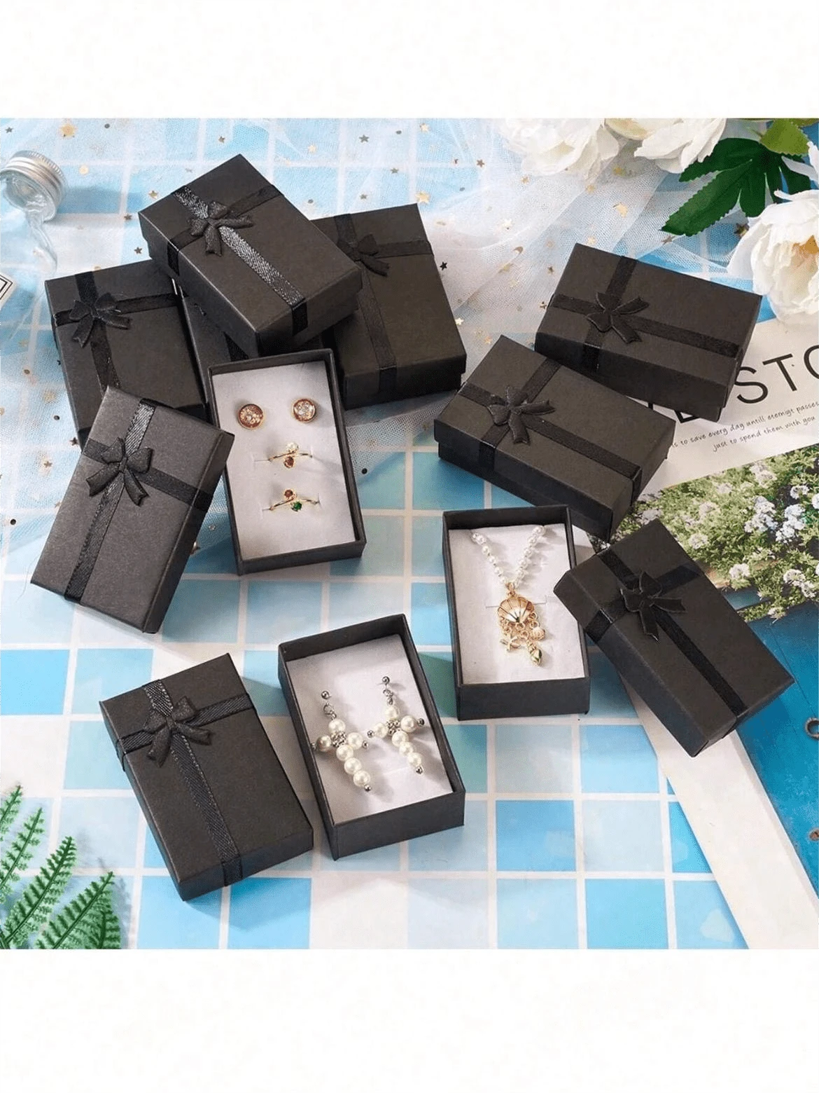 24/10/1 Jewelry Gift Box Set: Empty Jewelry Boxes, Suitable For Holding Small Gifts, Multiple Colors Available, Equipped With Ribbon Bows, Suitable For Anniversary, Wedding, Jewelry Display And Packaging, Beading And Jewelry Making Occasions - Black - View 1