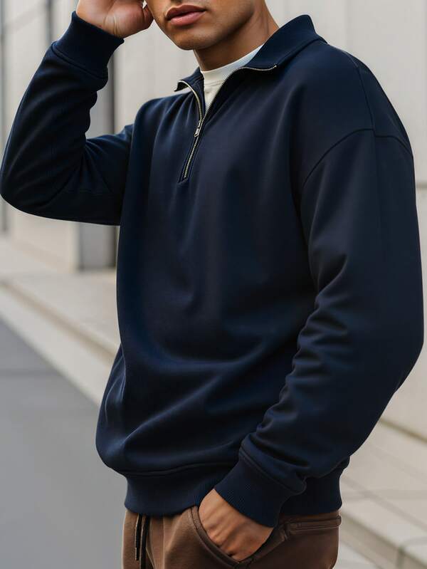 1 pieza Sudadera con media cremallera de cuello, unicolor, de manga larga y forro polar para hombre
