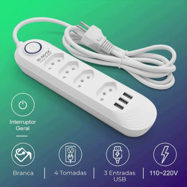Extensão Elétrica 2m Com 4 Tomadas e 3 Entradas USB com Botão Power Socket