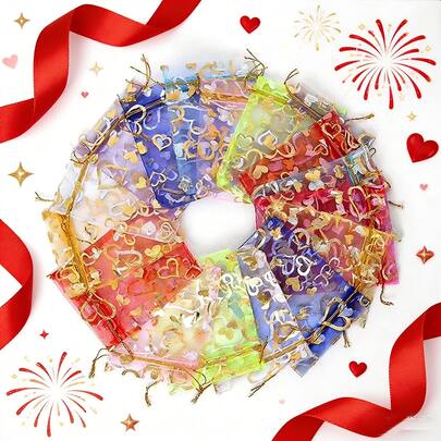 50 piezas de 7*9cm Bolsas de organza con forma de corazón, bolsas de organza transparente roja con cordón, adecuadas para dulces de boda, joyas, fiestas, recuerdos de boda, regalos del Día de San Valentín