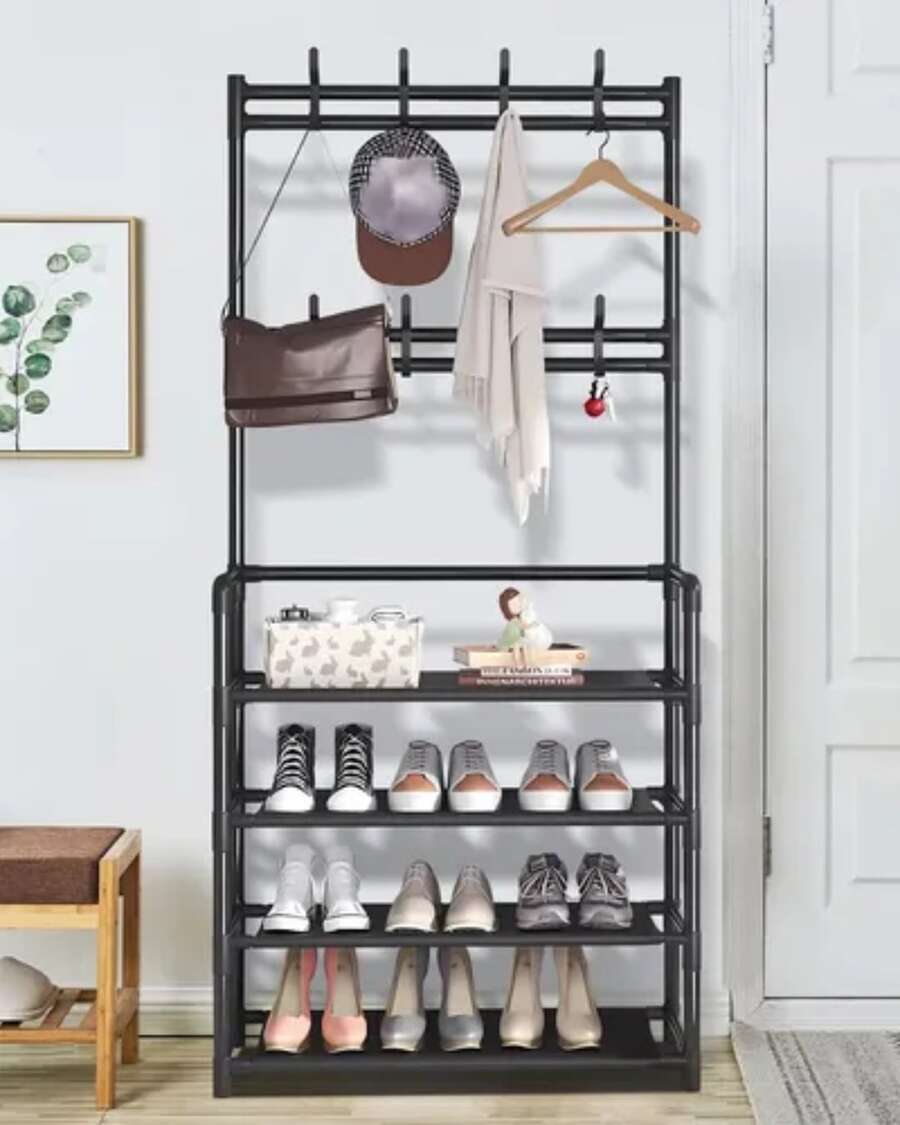 DOSYU Perchero Y Zapatero Independiente 4 Niveles Negro con estantes de almacenamiento de 4 niveles, perchero para dormitorio, pasillo, oficina, 23.6 pulgadas negro - Negro - Ver 1