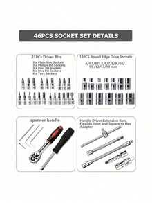 46件套高级专业工具套装，汽车/自行车维修技师工具组，包含1/2英寸、1/4英寸、3/8英寸驱动深套筒和标准套筒，赛车级汽车零件棘轮扳手，经久耐用，适用于全面的汽车和家居维修，高级棘轮扭矩扳手和螺丝刀套装 - 超紧凑，汽车、自行车和摩托车维护的一体化解决方案，多功能且易于使用。 - 彩色 - 查看 7