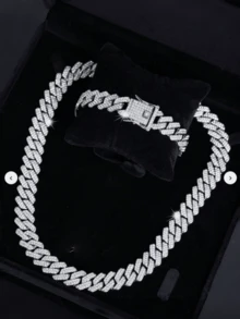 Set de 2 piezas de joyería de hip hop, collar y pulsera de eslabón cubano totalmente cubiertos de hielo, regalo adecuado para hombres y mujeres - Conjunto cubano de dos piezas con diamantes de imitación - Ver 1