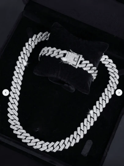 2pcs/Set Hip Hop Jewelry Set, Fully Iced-Out Cuban Link Necklace And Bracelet, Suitable Gift For Men And Women