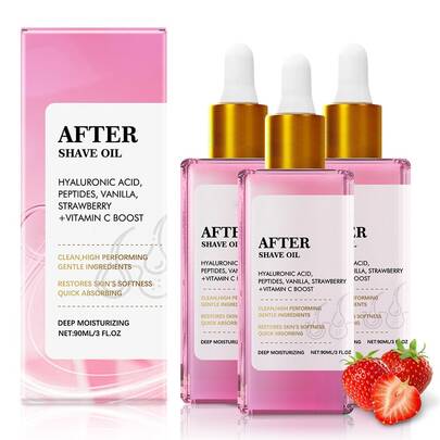 Aceite de afeitado de fresa para mujeres, para piel lisa, aceite de afeitado suave, para depilación y cuidado corporal, contiene fresas ligeras, para evitar que el cabello entre y alivie la piel, 90 ml-3pcs