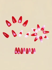 情人节美甲可爱心形美甲24片装美甲贴片纯色美甲假指甲Y2K美甲杏仁形美甲粉色和红色美甲用品 - 粉色 - 查看 4