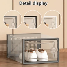 6/12 Pack Shoe Organizer Storage Bins Clear Plastic Stackable Shoe Boxes For Closet, Space Saving Foldable Shoe Storage Case, Sneaker Storage Shoe Box Container - Black - View 5