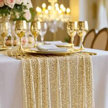 1pc Gold Sequin Table Runner, Dining Table Decor, Wedding Decoration Fabric, Sparkling Gold Table Cloth For DIY Party Decoration, Suitable For Wedding, Birthday, Housewarming, Romantic Date, Reception, Christmas, Valentine's Day, Ramadan And Other Holidays - Gold - View 3