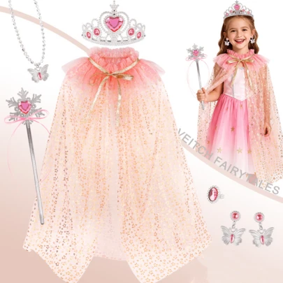 Kids Costume Play Toy Sequin Cape Necklace Ring Crown Wand Set, Sequin Cloak Cape Veil Suitable For Birthday Party Holiday Christmas New Year Gift
