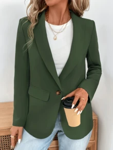 Women's Blazer - Solid Color, Single Button, With Pockets, Raglan Sleeves, Long Sleeves, All-Season Office/Business Casual Style, Versatile Women's Cardigan. - màu xanh lá - Xem 2