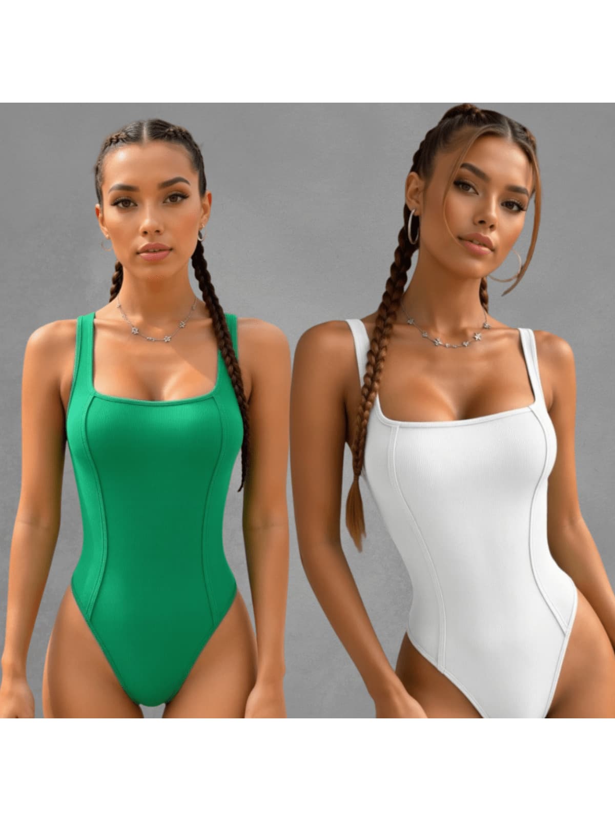 Kit Of 2 Women's Tank Top Bodysuits With Square Neckline And Ribbed Trim, Premium Fashion Bodysuit - 白綠旗 - 查看 1