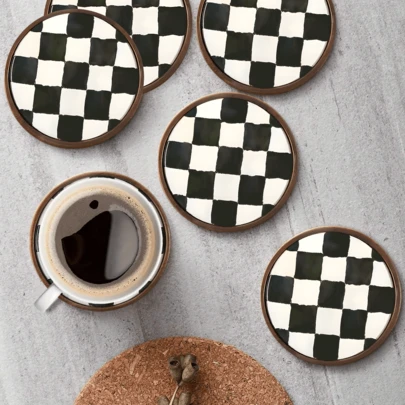 6/8pcs Wooden Checkerboard Pattern Coaster Set, Coffee Cup Mats, Suitable For Dining Table, Living Room, Bedroom, Office, Tea Room, Personalized Gift For Women On Valentine's Day, Wedding, Easter, Mother's Day (With/Without Holder)