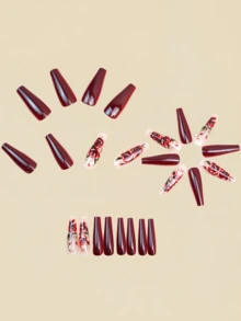 情人节美甲 玫瑰美甲 纯色美甲 24片装美甲贴 假指甲 Y2K美甲 红色美甲 美甲用品 - 酒紅色 - 查看 4