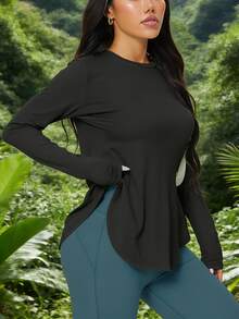 1pc Women's Outdoor Training, Running, Hiking, Walking, Minimalist Side Slit Fitness Long Sleeve Top, Yoga Wear, All Season - Black - View 4