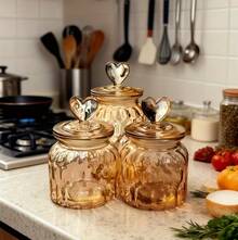Heart-Shaped 3-Piece Jar Set Large-Capacity Glass Food Storage Jars Airtight Clamp Lids For Leak-Proof Kitchen Storage Transparent Sealed Containers Ideal For Sugar, Flour, Grains, Coffee Beans, Spices, Dried Goods, Cereal, Cookies, Tea, Nuts, Pasta Moisture-Proof, Freshness-Preserving Storage Jars Stackable For Space-Saving Easy-Open Wide-Mouth Design Essential Home Baking Ingredient & Seasoning Organizer Large Mason Wide-Mouth Jars Father's Day Gift - 琥珀色 - 查看 2