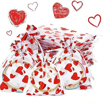 50pcs Heart-Shaped Gift Bags, Jewelry Storage Pouches, 8*10cm/9*12cm Drawstring Bags, For Jewelry Gifts Packaging, Valentine's Day, Wedding, Holiday Party Supplies