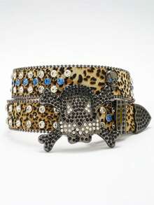 A Men's Solid Color Street Rhinestone Inlaid Fashionable Hip-Hop Skull Belt Summer, School Casual, Business, Boyfriend Husband Father Dad Men Gift, Daily Wear, Fashion, Teen, Outdoor, Vacation, Athletic, Travel, Street, Boho, Vintage Fall, Autumn, Halloween Autumn-Winter Accessories,Suitable For Teens, Youth,Men,Casual, Outdoor, Athletic, Vacation, Graduation Gifts, Birthday, Daily Wear - Multicolor - View 18