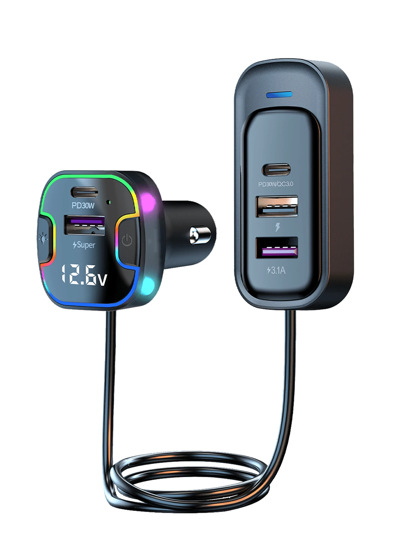 REMAX Încărcător auto de 120 W cu 5 porturi, afișaj tensiune, 3 ieșiri USB-C și 2 ieșiri Type-C, încărcare super rapidă, iluminare ambientală, cablu prelungitor de 1,5 m, rezistent la șocuri, protecție la încărcare multiplă, compatibil cu telefoane Android și altele, accesoriu esențial de călătorie