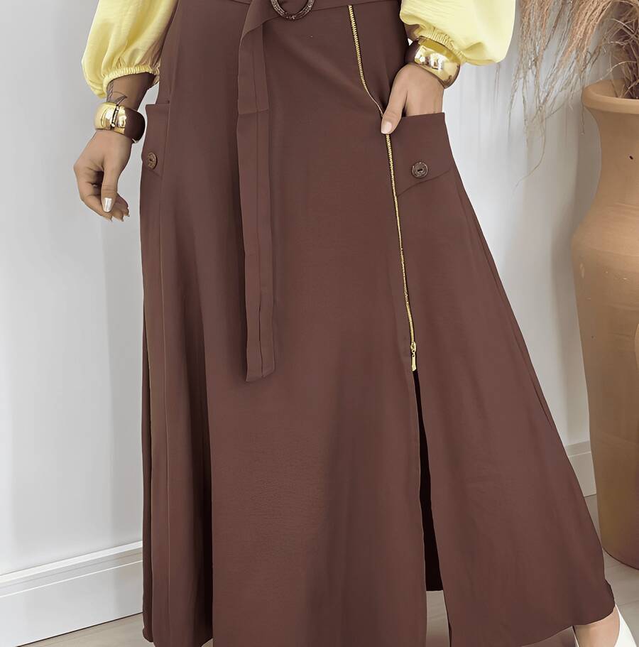 Long Skirt With Slit And Belt – High Waist, Gringa Style, Modern Evangelical Look - Rỉ Nâu - Xem 1