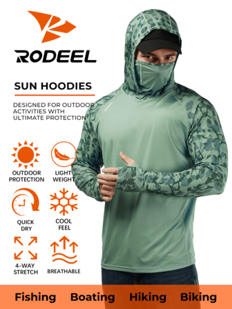 RODEEL Herrluvtröja för utomhusbruk med ansiktsskydd och tumhål. Snabbtorkande och andningsbar, perfekt för fiske, båtliv, vandring och cykling.