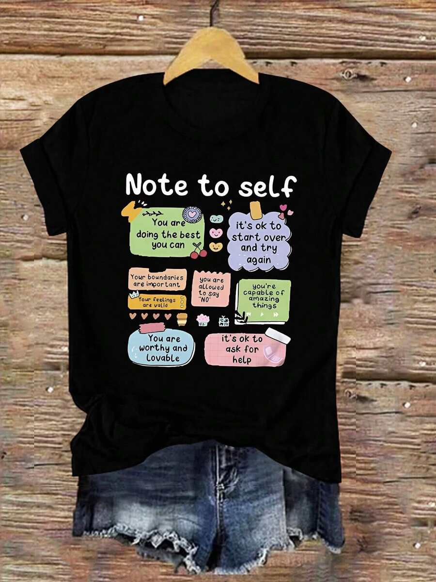 Women's Summer Slogan Printed Round Neck Short Sleeve Casual T-Shirt Note To Self Graphic Tees Women Tops - 黑色 - 查看 1