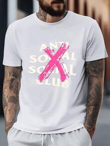 Bold Statement Graphic Featuring Large Distressed Pink X Over Anti Social Club Text Symbolizing Individuality And Defiance Men's 100% Cotton Tshirt - trắng - Xem 6