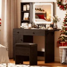 Tocador con Espejo y Luces,Tocador de Maquillaje de 35,4'' con 2 Cajones y Armario,Mesa de Maquillaje con Panel Plegable y 3 Estantes,Taburete de Almacenamiento,Juego de Tocadors para Recamara,Marrón - Negro - Ver 2