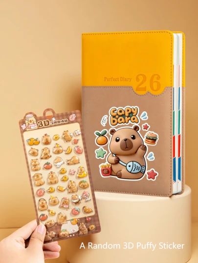 1 Conjunto Caderno Planner 2026 com Capa Fofa de Capivara, 1 Peça Diário Encadernado Rígido + 1 Adesivo 3D Fofo Aleatório, Anotações de Estudo de Escritório Escolar