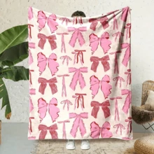 1pc Cozy Bowknot Print Flannel Blanket - Soft, Vintage-Inspired Design With Pink Bows On White, All-Season Comfort For Home, Office, Camping & Travel, Machine Washable, Perfect For Halloween & Christmas Decor, Travel Accessory |   Playful Pattern |   Soft Texture, Blanket For Bed - Nhiều màu 6 - Xem 15