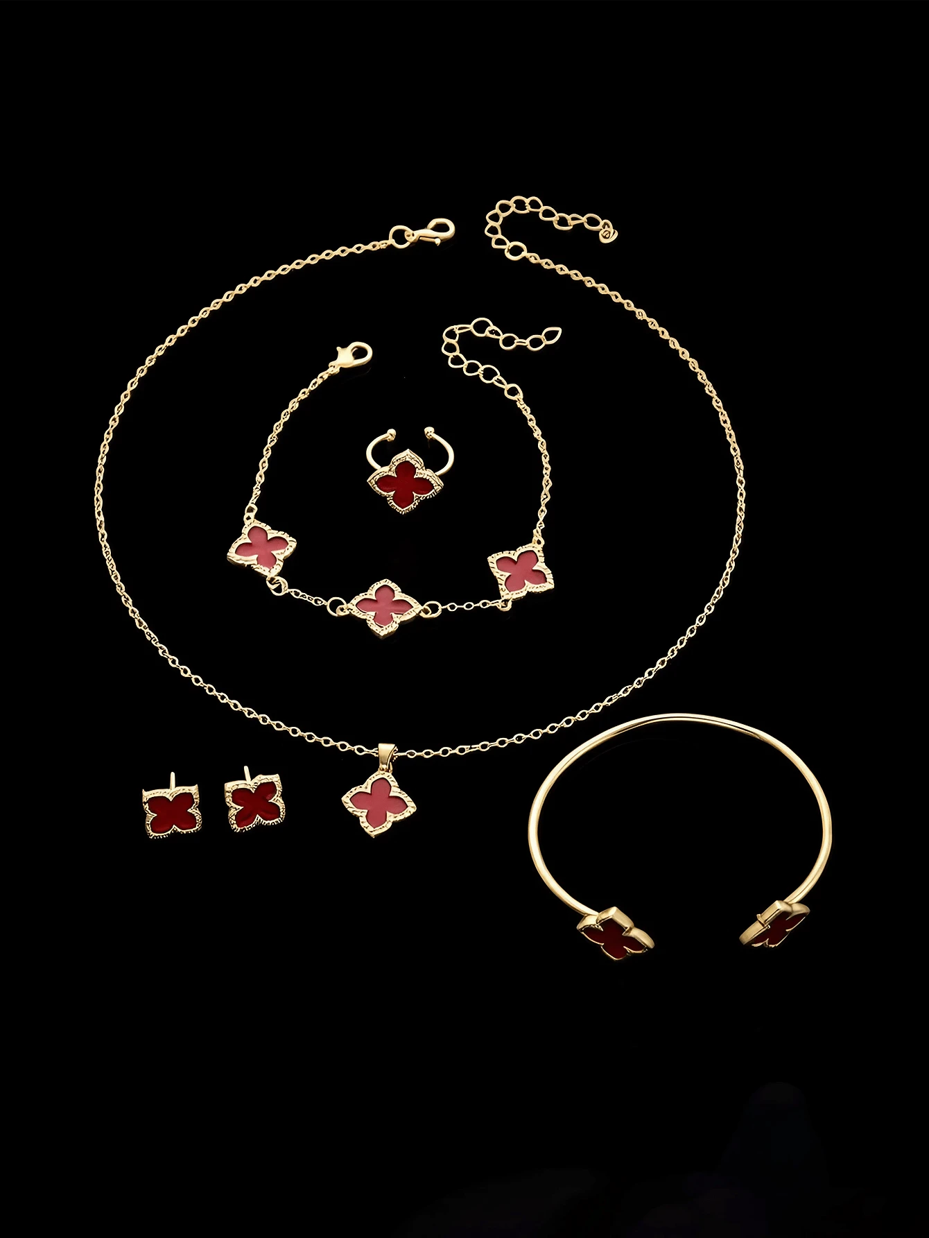 6件套：1条项链、1条手链、1副耳环、1对戒指、1条幸运花项链 - 金耳环、金戒指、金项链、金手链、金手镯，适合返校、聚会、节日佩戴
