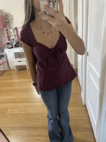 Women's Polka Dot Bow Front Square Neck Short Sleeve Blouse - 咖啡色 - 查看 3