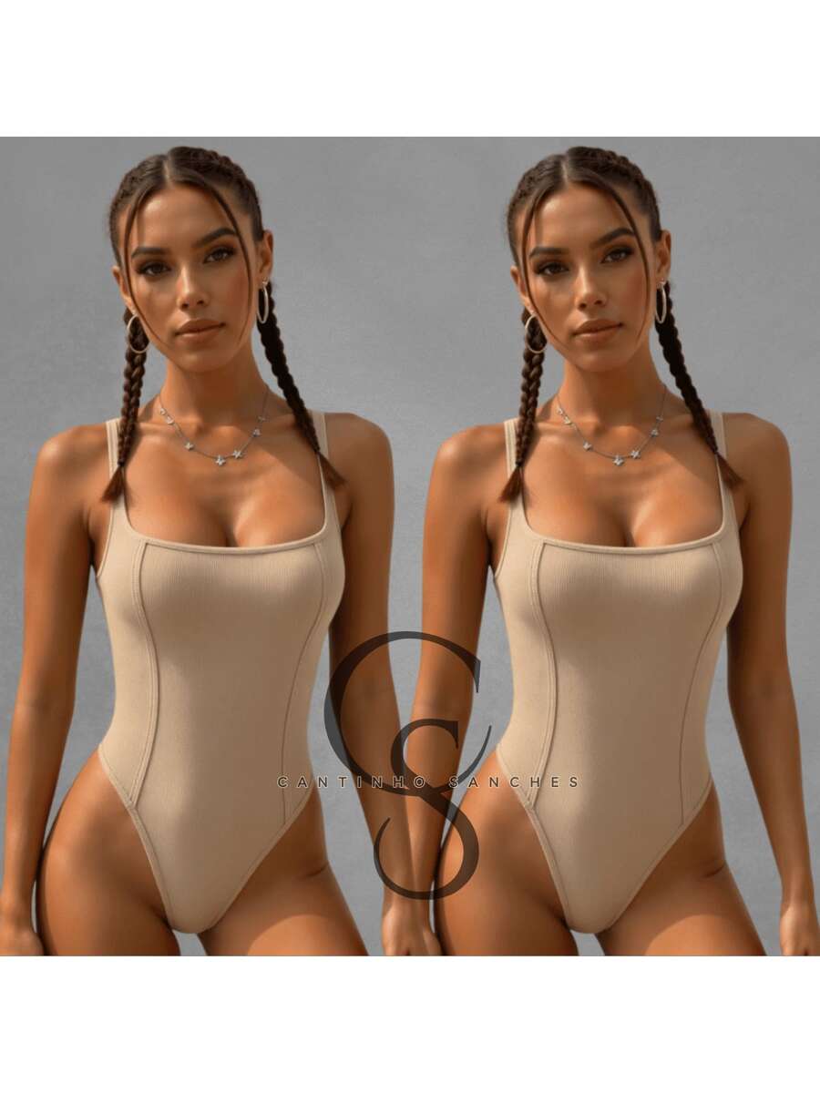 Kit Of 2 Women's Tank Top Bodysuits With Square Neckline And Ribbed Trim, Premium Fashion Bodysuit - 裸體 裸體 - 查看 1