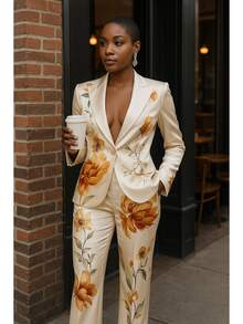 Polished, Slim, Fashion, Warm, , Neutral, Comfy. Winter. Home, Sleep.  Elegant Floral Blazer And Pants Set - 米色 - 查看 4