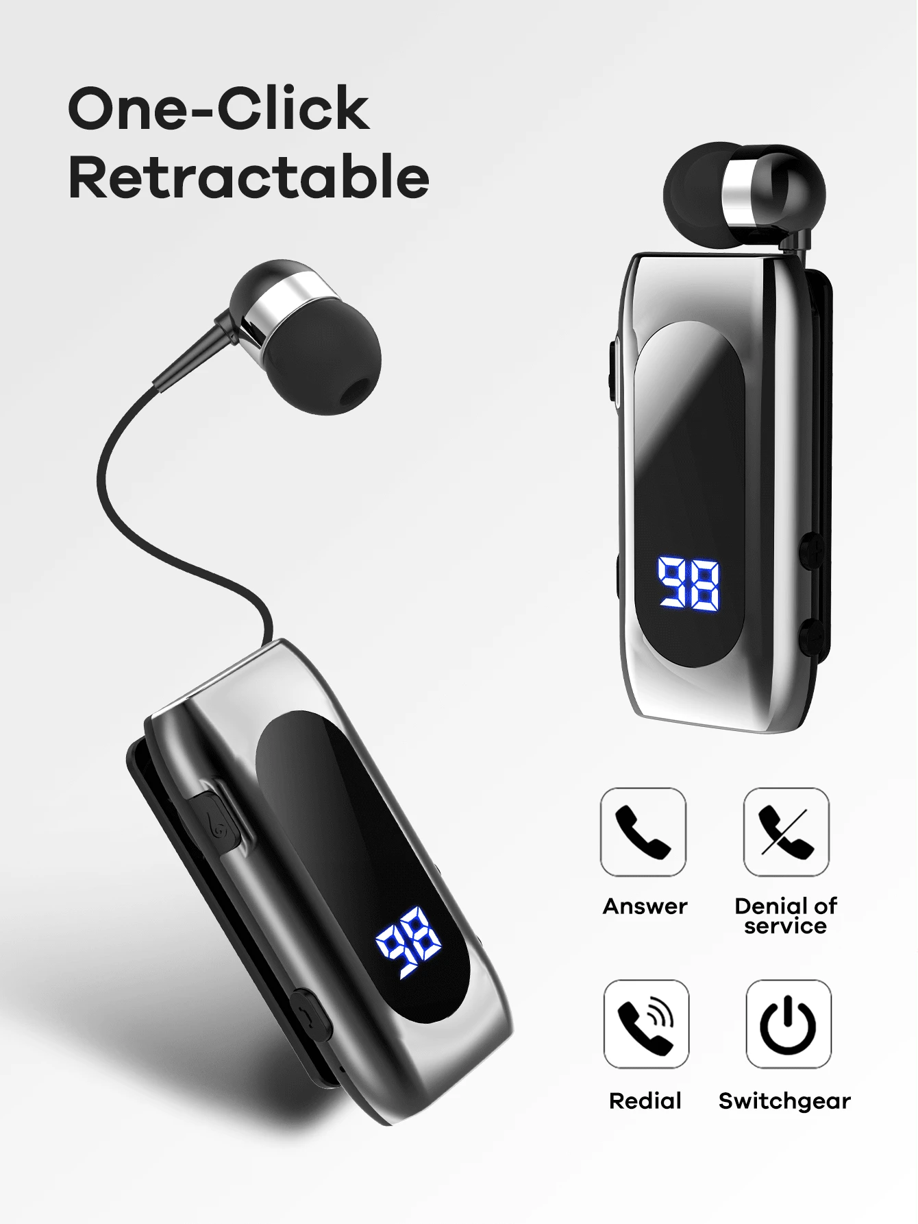 REMAX 蓝牙单耳耳机，具备降噪功能，夹式设计，可伸缩线缆，来电震动提醒，60 小时超长续航，HiFi 音质，蓝牙 5.2 双设备连接，自拍遥控，游戏耳机，运动耳机，轻巧便携