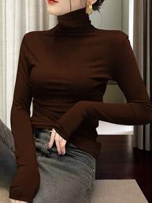 2024 New Arrival Women's Turtleneck Undershirt, Fashionable Layering Piece, Long Sleeve, Black, Thin, Suitable For Spring, Autumn And Winter - Coffee Brown - View 2