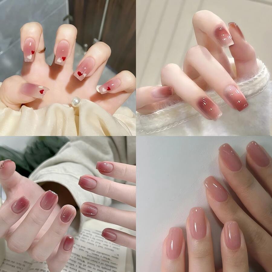 4 Boxes 96Pcs Short Squoval Press On Nails 24PCS Premium Sheer Blush Pink Heart Ombre Press On Nails, Short Ballet Oval False Nails, Wholesale Ready-To-Wear Luxury Fake Nails For Women, Nail Salons & Brides, Spring Summer Wedding, Party, Date Manicure Set.French Tip Nails,Stiletto Nails,Poly Gel Nail Kit,Cute Nails,Fake Nails Press On.Pink Nails. - 混合裝463 - 查看 1