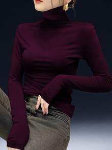 2024新款女士高领打底衫，时尚叠穿单品，长袖，黑色，薄款，适合春、秋、冬休闲穿着 - 酒紅色 - 查看 2