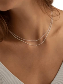 1pc Double Layer Chain Necklace, Fashionable Minimalist O-Shape Beaded Layered Choker Necklace, Lightweight Luxury Versatile Necklace Accessory Suitable For Girls & Women (Bead Quantity Random) - Silver - View 1
