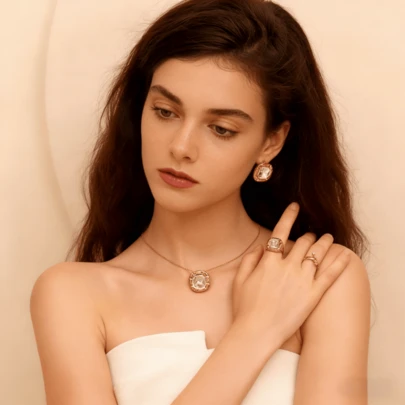 1 pieza Conjunto de aretes, collar y anillo con flores circulares y cuadradas de circonita, de acero inoxidable, joyería de moda de lujo para mujeres, adecuada para uso diario y de fiesta