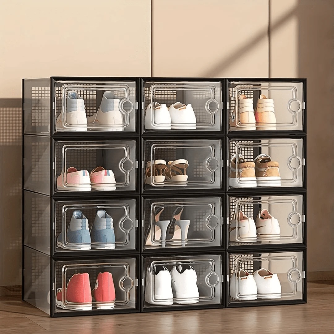6/12 Pack Shoe Organizer Storage Bins Clear Plastic Stackable Shoe Boxes For Closet, Space Saving Foldable Shoe Storage Case, Sneaker Storage Shoe Box Container - màu đen - Xem 1