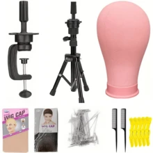 22-Inch Wig Head With Tripod Stand, Canvas Wig Head Holder With Mannequin Head, Wig-Making Display Mannequin Head Block Set. Includes One Pack Of HD Wig Caps, One Pack Of Breathable Fishnet Hair Nets, T-Pin Set, Specialised Styling Comb, And Five Large Hair Clips. Suitable For Wig Enthusiasts, Styling Design And Practice. - 粉色 - 查看 1