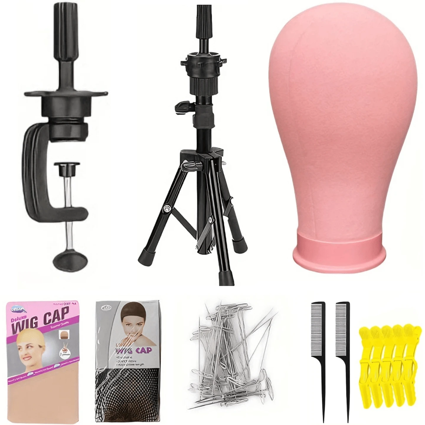 22-Inch Wig Head With Tripod Stand, Canvas Wig Head Holder With Mannequin Head, Wig-Making Display Mannequin Head Block Set. Includes One Pack Of HD Wig Caps, One Pack Of Breathable Fishnet Hair Nets, T-Pin Set, Specialised Styling Comb, And Five Large Hair Clips. Suitable For Wig Enthusiasts, Styling Design And Practice. - 粉色 - 查看 1