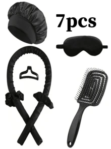 9/8/7/6/1 件套粉色/黑色/紫色美发造型工具套装,包含1把空心梳、1个卷发棒、1套丝质免烫卷发器、1个夜间卷发器、1个柔软睡眠眼罩、1个双滚轮按摩器、1个心形刮痧板。返校必备。产品包含卷发棒。 - 黑色 - 查看 14