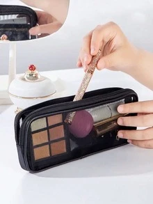 1 pezzo Custodia per pennelli trucco in rete semplice, borsa per conservazione pennelli cosmetici, porta cosmetici da viaggio in rete, organizer per trucchi, nero, borsa per articoli da toeletta, organizer per trucchi moderno e portatile da viaggio, regalo natalizio e per il ritorno a scuola - Multicolore - Visualizzare 3