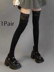 1/2/3 đôi tất dài đến đầu gối bằng ren màu trơn dành cho nữ, phối cùng bốt cao cổ tạo nên phong cách thời trang, tôn dáng đôi chân, tất dài, thích hợp sử dụng hàng ngày. - màu đen - Xem 8