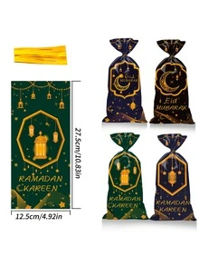 50个星月图案礼品袋，星月主题礼品袋，配金色封口丝带，斋月礼品袋，星月礼品袋，塑料玻璃纸袋，伊斯兰派对用品，生日派对用品，婚礼用品，新娘送礼会礼物，婴儿派对回礼，婚礼回礼用品 - 星月平口袋 - 查看 4