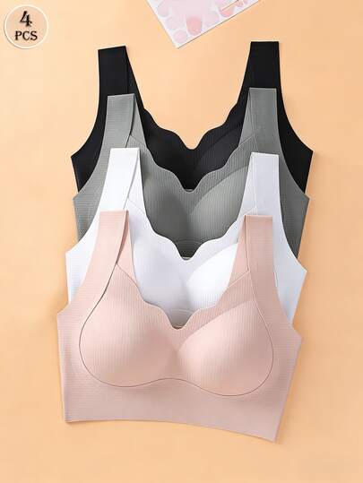 4 piezas de Sujetadores de mujer de unicolor, con borde ondulado sin costuras, inalámbricos, suaves, con soporte, transpirables y cómodos