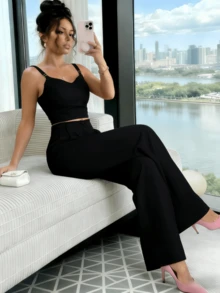 Women's Cropped Set And Wide Leg Pants With Padding S M L - 黑色 - 查看 1