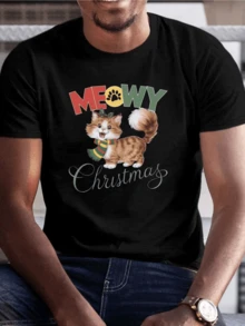 Gato sonriente con bufanda navideña y la palabra Meowy Christmas transmitiendo calidez y alegría festiva ideal para amantes de los felinos camiseta de hombre 100% algodón 220g - Negro - Ver 8
